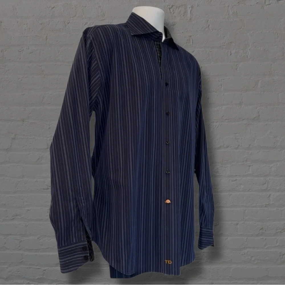 Thomas Dean Men’s Button-Down Shirt L • Navy Multi Stripe • Contrast Cuffs - Picture 7 of 13